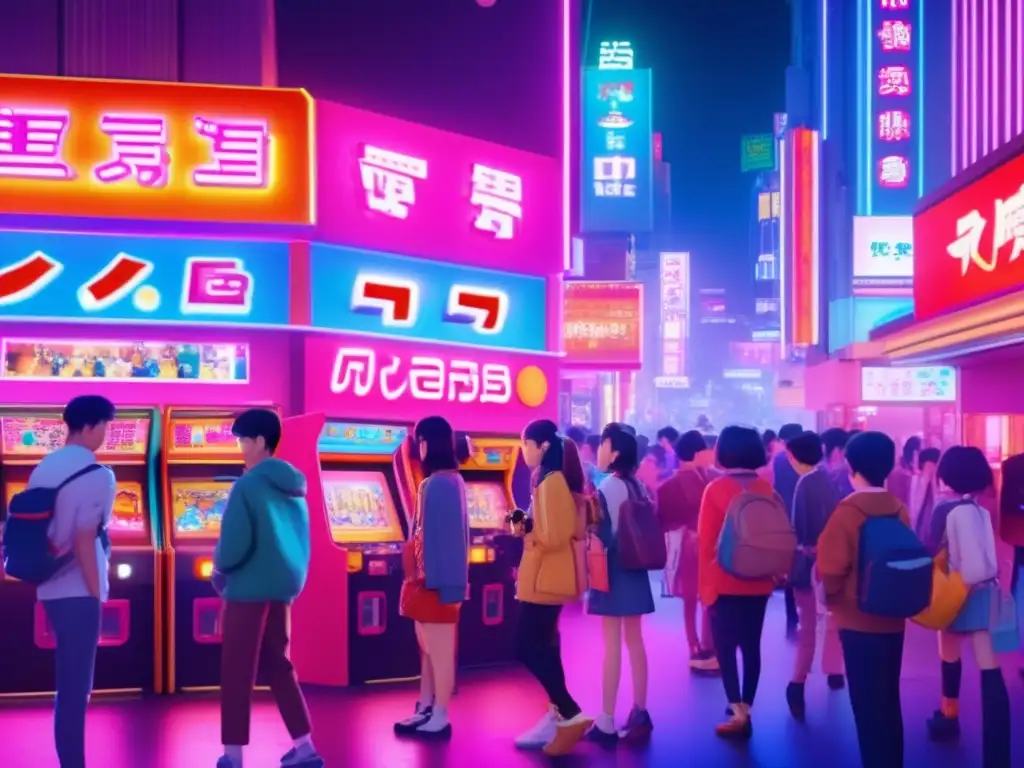 Un grupo de jóvenes disfruta de un clásico arcade en una bulliciosa calle de Tokio, destacando el impacto cultural de los juegos clásicos digitales en la ciudad.