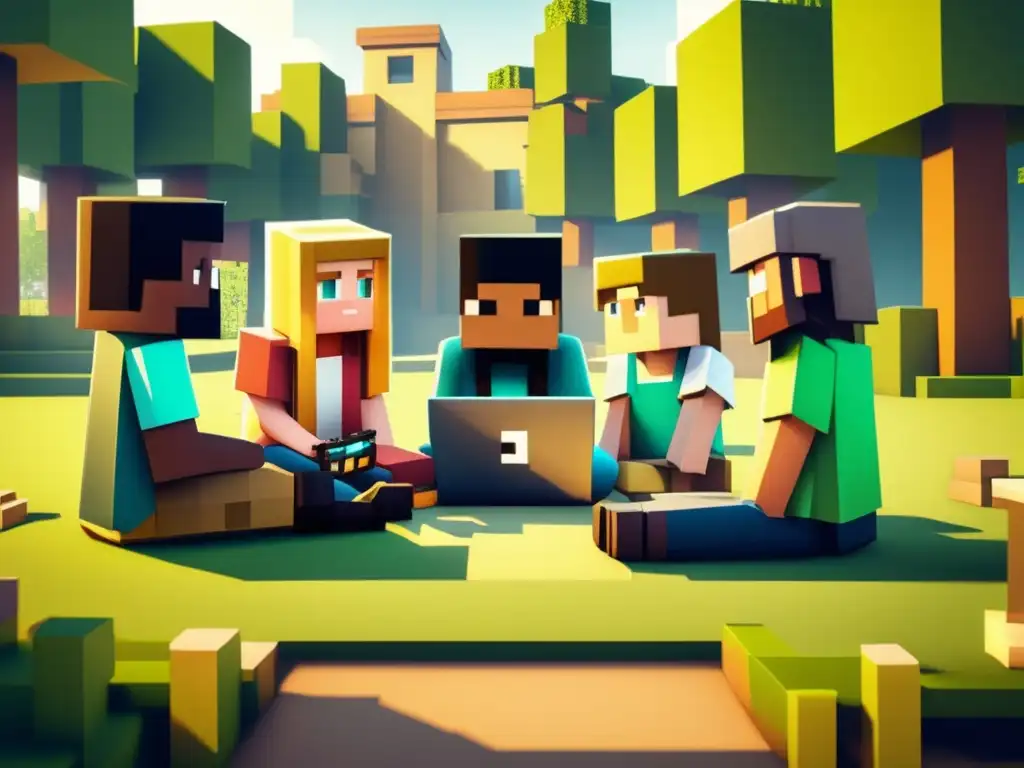 Un grupo de jóvenes estudiantes diversos juega Minecraft en un campo soleado, creando y colaborando, reflejando el impacto cultural de Minecraft.