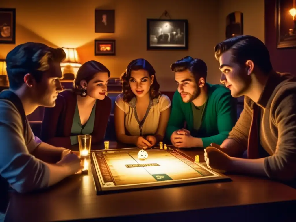 Un grupo de jóvenes inmersos en un juego de rol de mesa en una habitación retro iluminada. La atmósfera nostálgica y envolvente refleja el impacto cultural de los juegos de rol en la literatura juvenil.
