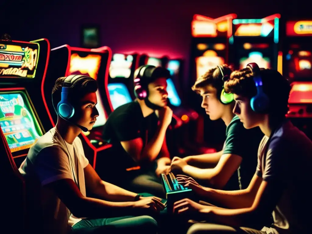 Un grupo de jóvenes jugadores concentrados en antiguas máquinas arcade, reflejando el impacto cultural de los esports.