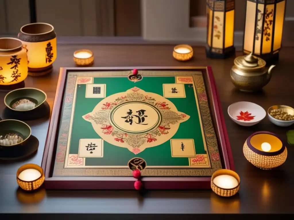 Un grupo disfruta de un juego de mesa inspirado en Asia, con piezas artesanales y decoración tradicional, creando un impacto cultural único.