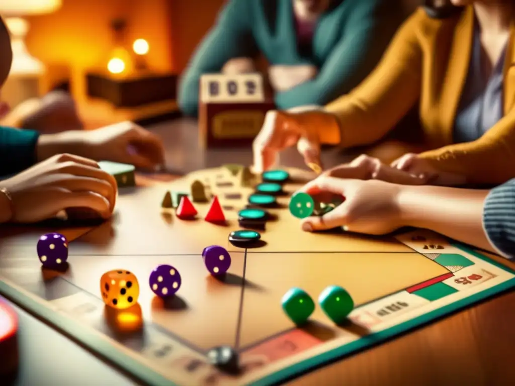 Un grupo disfruta de un juego de mesa vintage. La atmósfera nostálgica y cálida refleja la democratización de la creación de juegos de mesa.