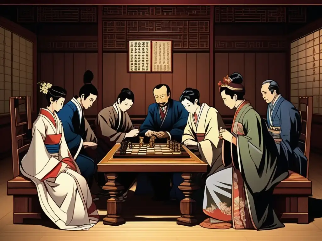 Un grupo de jugadores de ajedrez europeos se reúnen alrededor de un tablero de shogi, observando con curiosidad las intrincadas piezas japonesas en una atmósfera histórica. <b>Captura la historia y evolución del shogi en Europa.