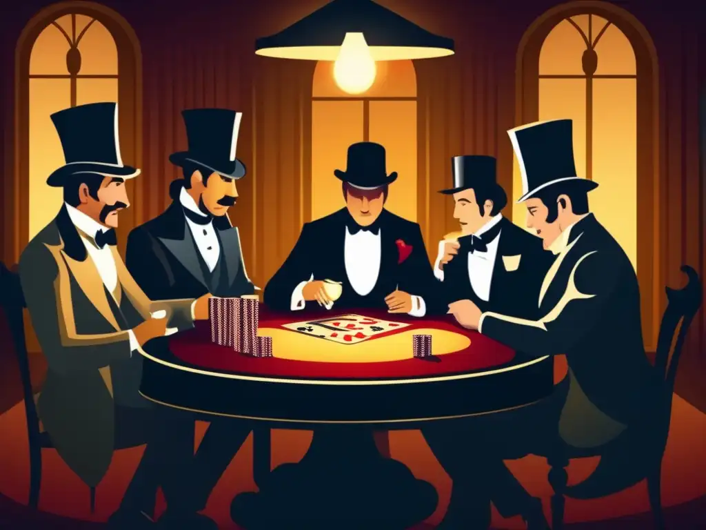 Un grupo de jugadores de cartas del siglo XIX con elegante atuendo, en una atmósfera de luces tenues y tensión. <b>Psicología del póker en personajes.