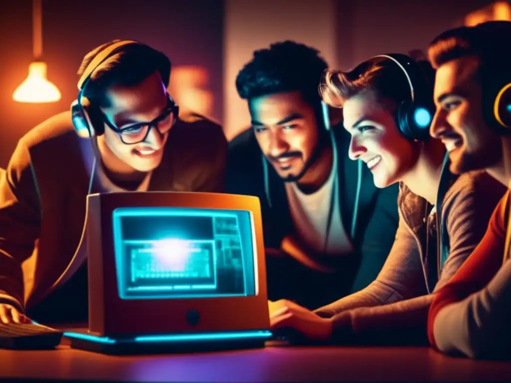Un grupo de jugadores se concentra alrededor de una computadora, iluminando sus rostros con una intensa emoción. <b>Refleja el impacto cultural de los juegos en la camaradería y la inmersión.