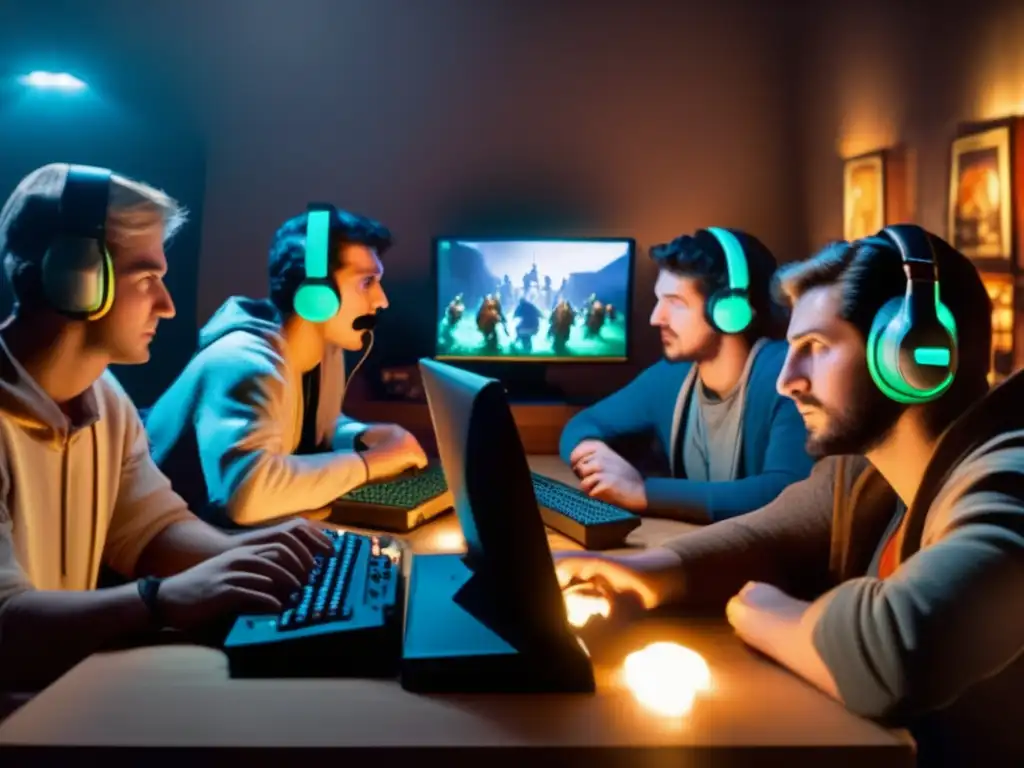 Un grupo de jugadores inmersos en Age of Empires, con una atmósfera nostálgica que refleja el impacto cultural de los juegos.