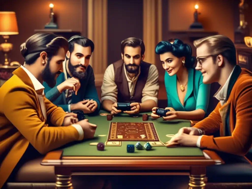 Un grupo de jugadores inmersos en un emocionante juego de narrativa interactiva blockchain, rodeados de objetos vintage de juegos de mesa.