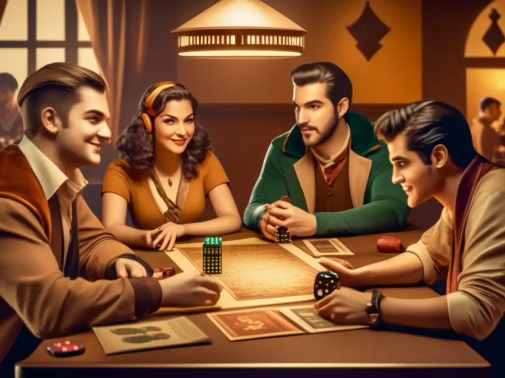 Un grupo de jugadores inmersos en un juego de rol de mesa, destacando la importancia del multijugador en juegos. <b>Estética vintage y camaradería.