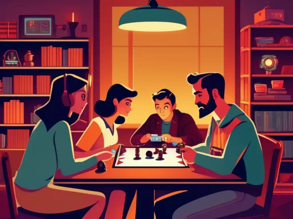 Un grupo de jugadores inmersos en un juego de mesa, junto a un robot retro en una habitación acogedora llena de juegos antiguos. Interacción HumanoIA en Evolución de Juegos