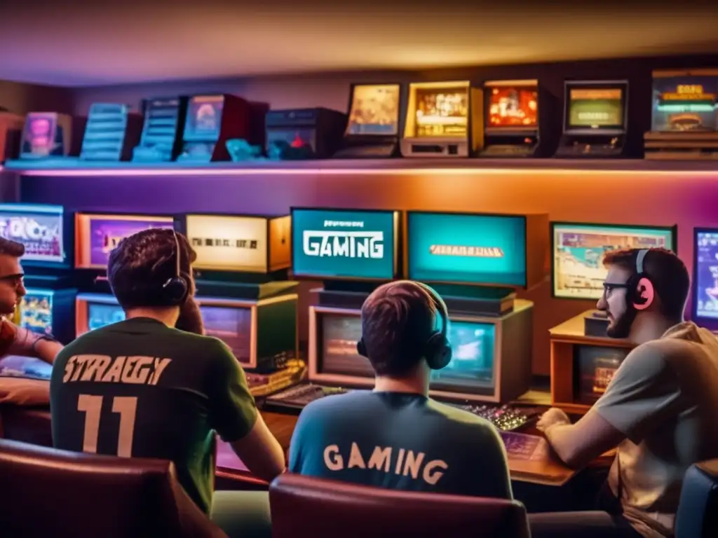 Grupo de jugadores inmersos en juegos de estrategia en computadoras vintage, en atmósfera nostálgica que captura el impacto cultural de los juegos de estrategia en PC.