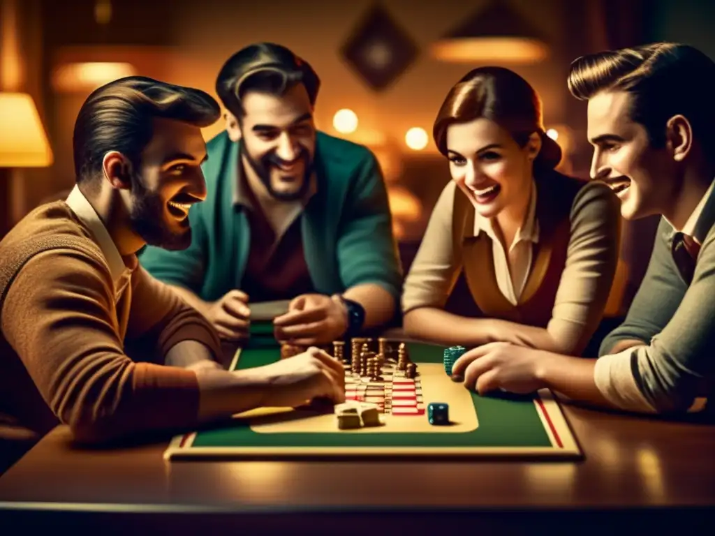 Un grupo de jugadores disfruta de un juego de mesa clásico, mostrando la emoción y camaradería de la Interacción Humano-IA en Evolución de Juegos.