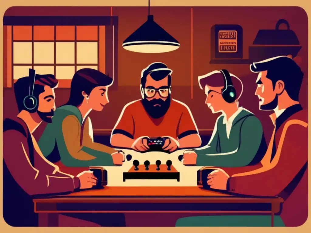 Un grupo de jugadores se concentra en un juego multijugador vintage, con una atmósfera nostálgica y cálida. <b>Inteligencia artificial en juegos multijugador.