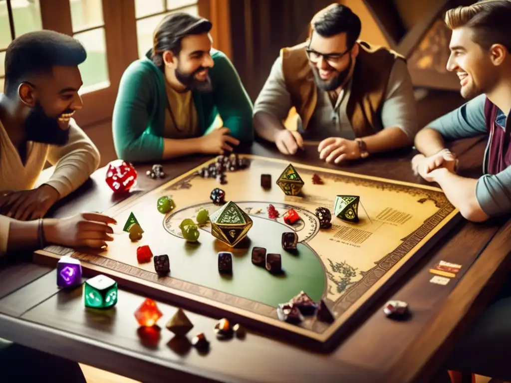Un grupo de jugadores se reúne alrededor de un juego vintage de Dungeons & Dragons, inmersos en estrategias y tiradas de dados. La cálida atmósfera nostálgica y la camaradería reflejan el impacto de los videojuegos de rol en la comunidad.