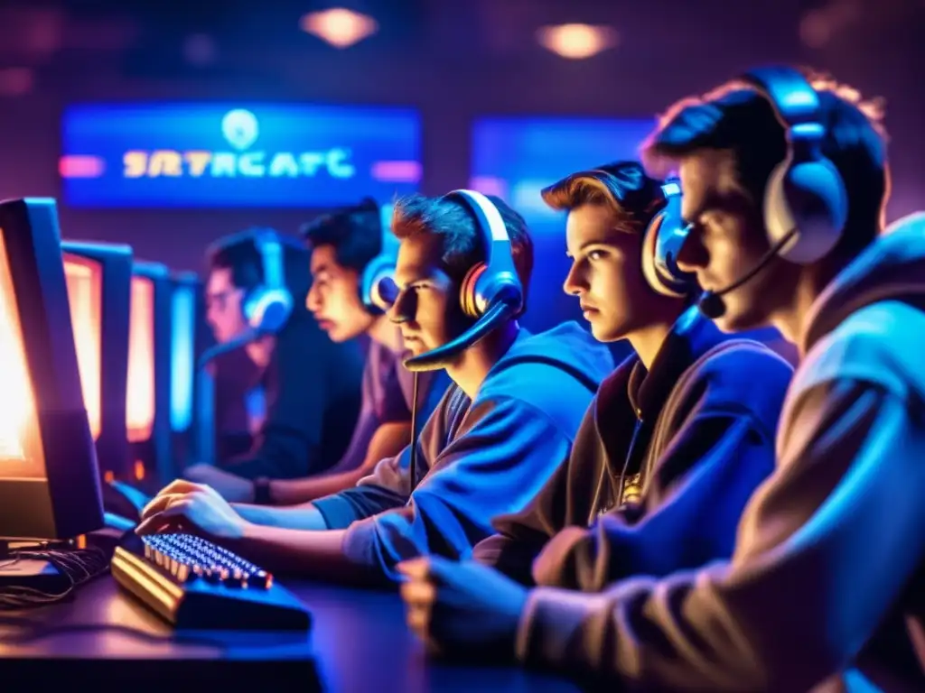 Un grupo de jugadores se concentra alrededor de un ordenador, inmersos en una partida de StarCraft. <b>La habitación está llena de equipo informático antiguo y pósteres del juego.</b> Se percibe la intensa concentración y el impacto cultural de StarCraft en la estrategia de juegos.