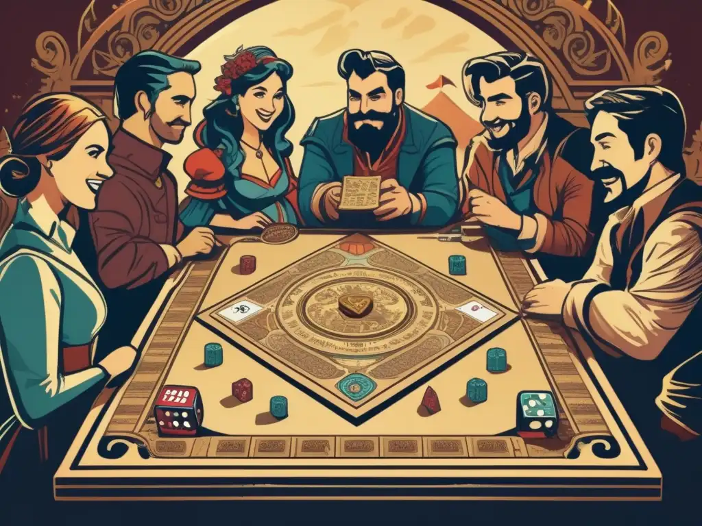 Un grupo de jugadores de rol se reúne alrededor de un detallado tablero de juego, inmersos en la fantasía del desarrollo de juegos de rol equilibrado.