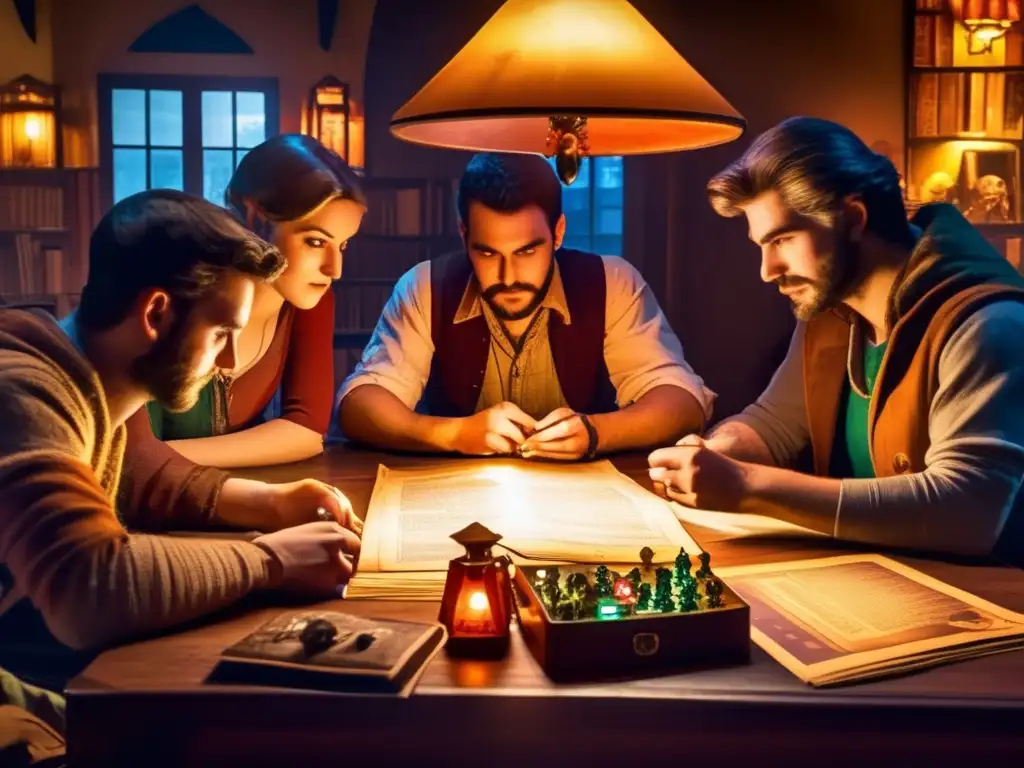 Un grupo de jugadores de rol creando personajes inolvidables en juegos de mesa, inmersos en la atmósfera cálida y nostálgica de la partida.