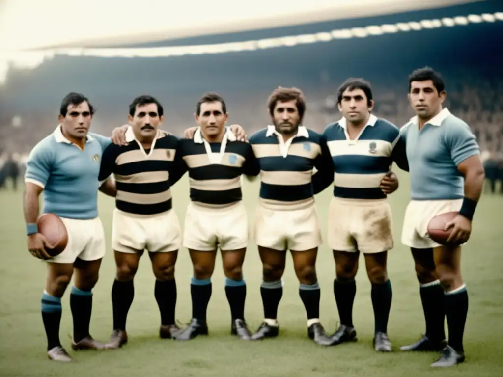 Un grupo de jugadores de rugby argentinos en una foto vintage, transmitiendo la historia y el impacto cultural del rugby en Argentina.