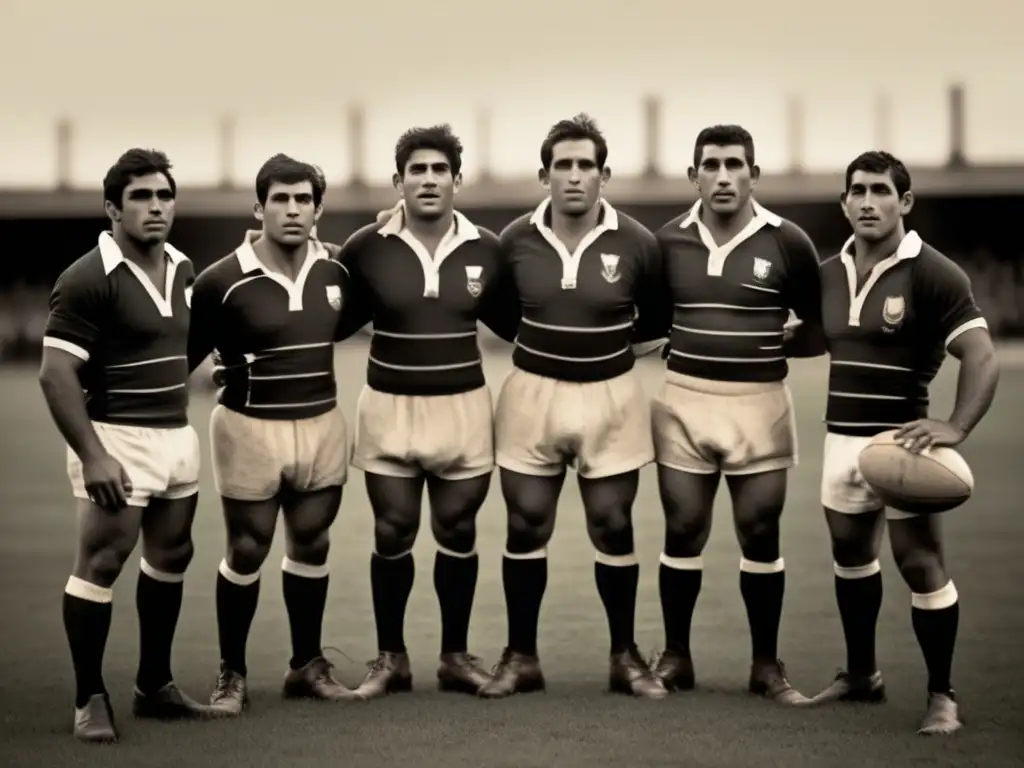 Un grupo de jugadores de rugby argentinos posan con orgullo en el campo, evocando la historia y el impacto cultural del rugby en Argentina.