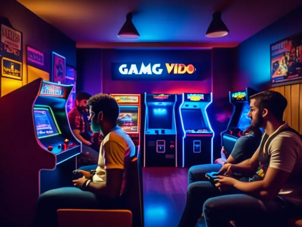 Un grupo de jugadores compite en una sala llena de máquinas arcade y consolas clásicas, inmersos en la atmósfera nostálgica de los videojuegos. <b>Estereotipos de gamers en películas.