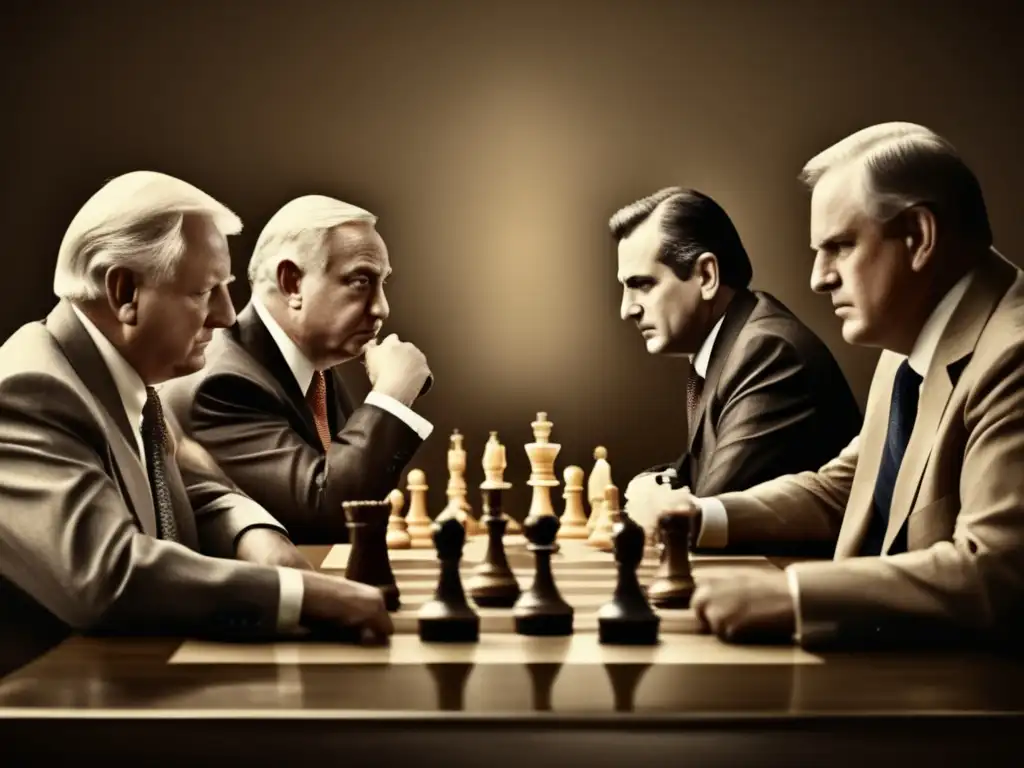 Un grupo de líderes políticos inmersos en una partida de ajedrez, reflejando la influencia del ajedrez en líderes políticos.