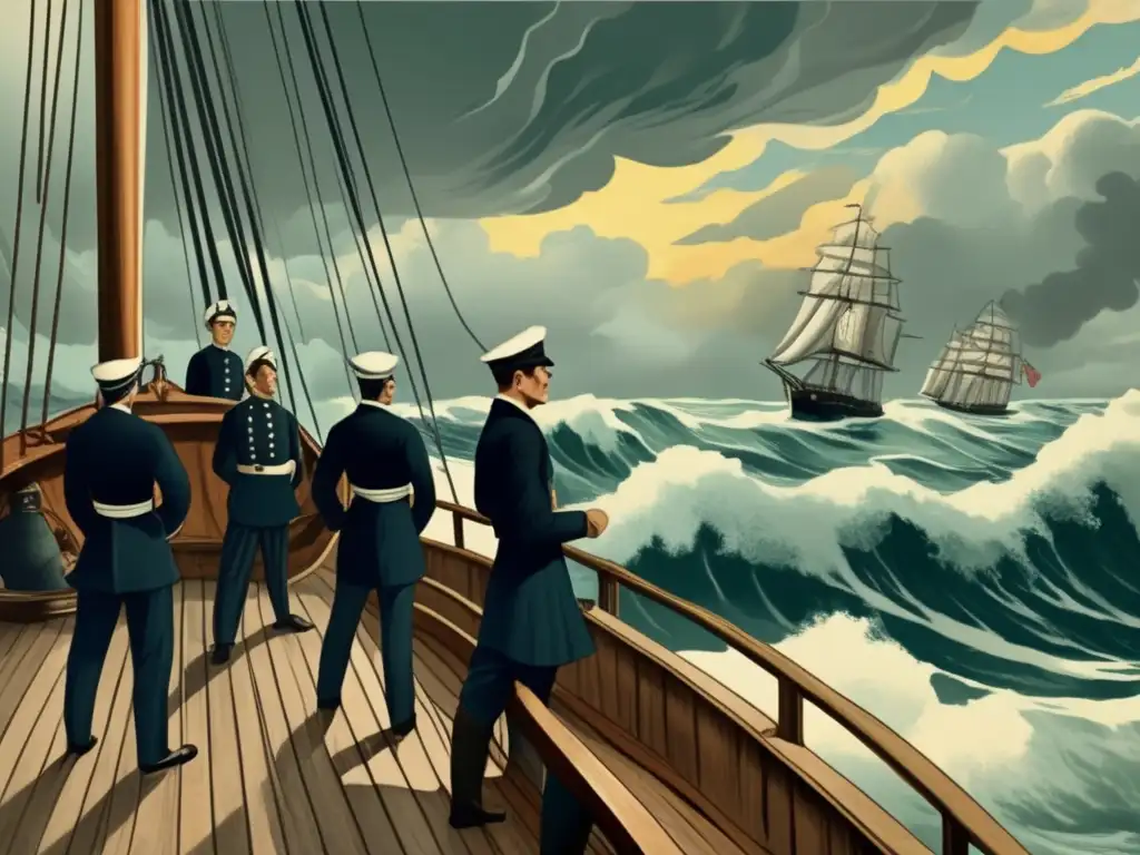 Un grupo de marineros contempla el horizonte desde la cubierta de un barco antiguo, con las velas al viento y olas turbulentas. <b>Relatos oceánicos cobran vida en juegos.
