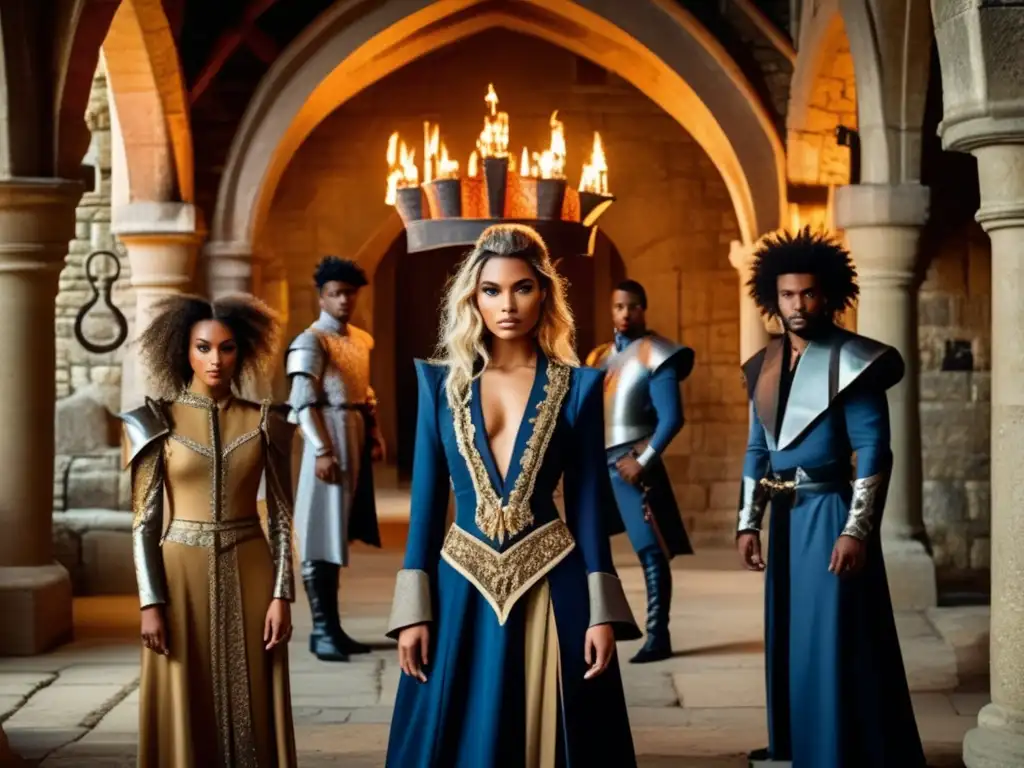 Un grupo de modelos de moda con impacto Dungeons & Dragons en un castillo medieval con antorchas y armaduras de fondo.