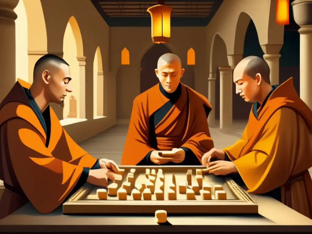 Un grupo de monjes juega dominó en un monasterio, en una escena histórica y tradicional que evoca la historia del dominó europeo.