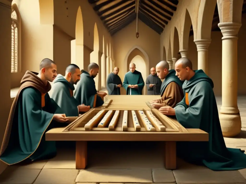 Un grupo de monjes juega a las fichas de dominó en un monasterio medieval, evocando la historia del dominó europeo.