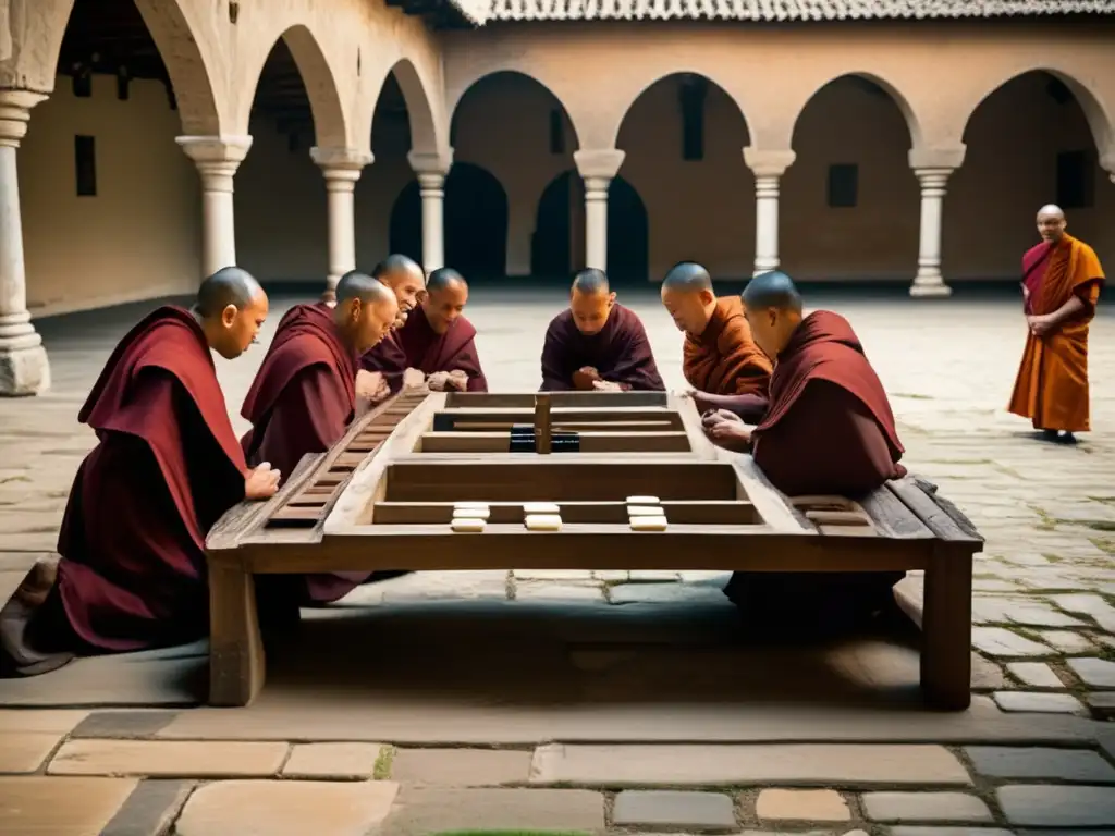 Un grupo de monjes en un monasterio medieval juega dominó, evocando la historia del dominó europeo con autenticidad y tradición atemporal.