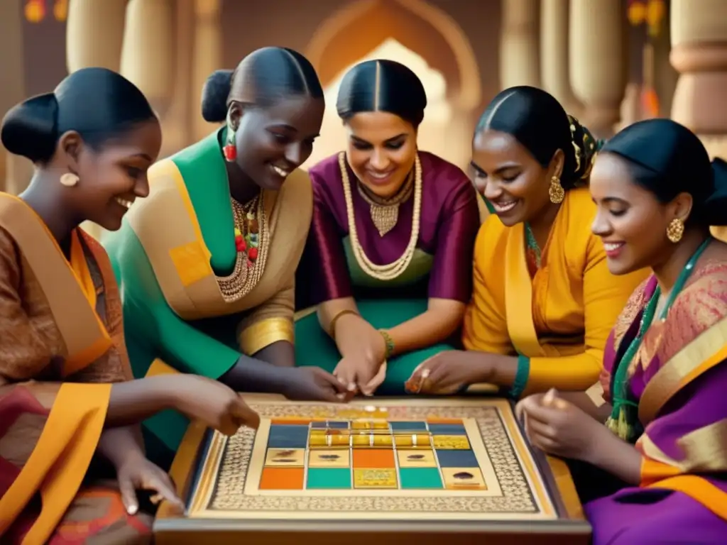 Un grupo de mujeres participa con alegría en un juego tradicional del Medio Oriente, con vestimenta vibrante y un tablero rico en detalles.