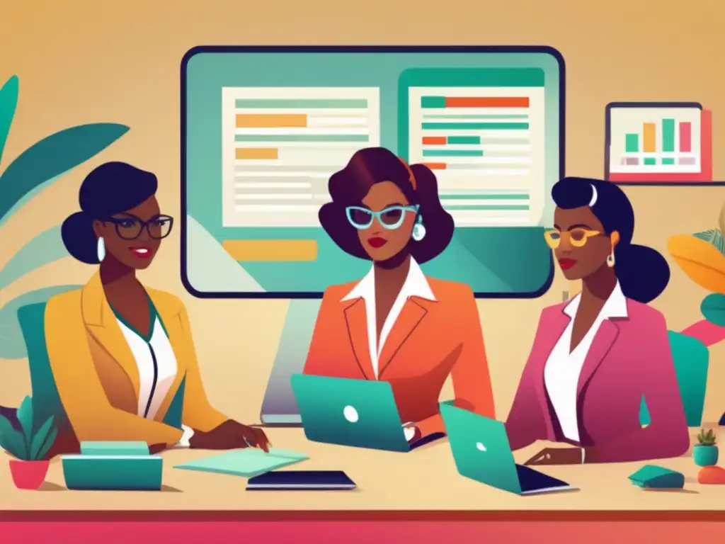 Un grupo de mujeres diversas y seguras, colaborando en un entorno retro de oficina, rompiendo estereotipos en la estrategia digital.
