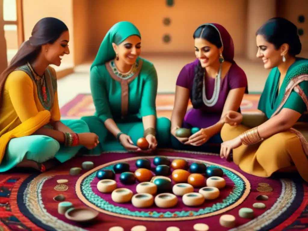 Grupo de mujeres participando en un juego tradicional de Medio Oriente en una colorida alfombra, evocando calidez y tradición.