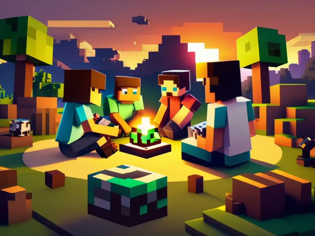 Un grupo de niños y adolescentes diversos juegan Minecraft en computadoras y consolas vintage en un campo de hierba al atardecer, mostrando el impacto cultural de los juegos digitales.