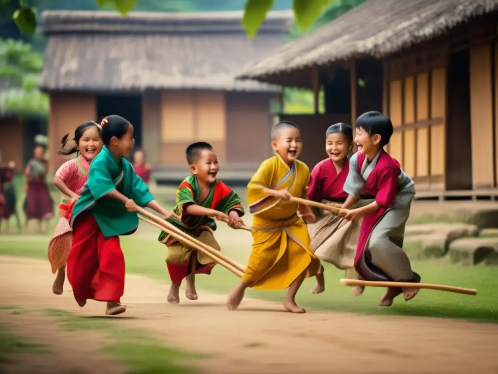 Un grupo de niños y adultos juegan juegos tradicionales asiáticos con palillos de madera en un encantador pueblo. <b>La ropa tradicional colorida contrasta con el exuberante paisaje.</b> <b>La imagen transmite la riqueza cultural y el vínculo comunitario.</b> <b>Renacimiento juegos palillos Asia.