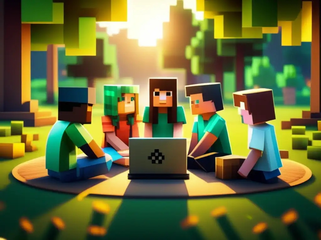 Un grupo de niños juega Minecraft y Roblox en laptops antiguas en un campo soleado, fusionando la diversión digital con la física.