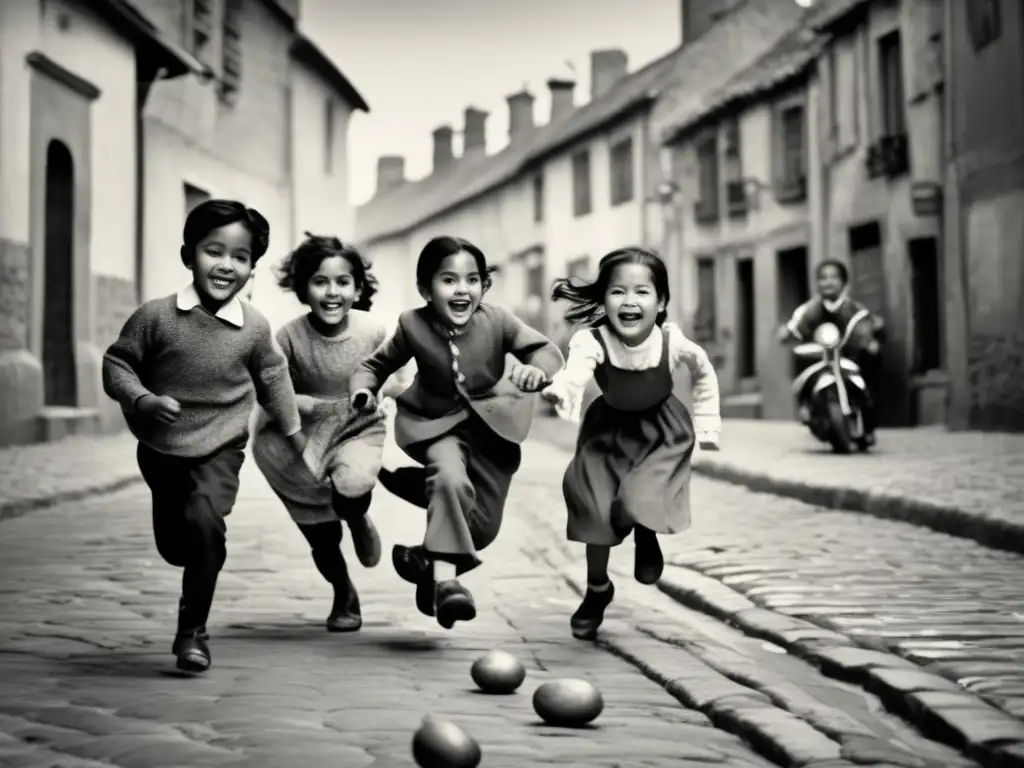 Un grupo de niños juega en la calle, mostrando alegría y emoción. <b>Los detalles de la época y las expresiones se destacan, evocando historia y tradición.</b> <b>Influencia de los juegos en el desarrollo lingüístico.