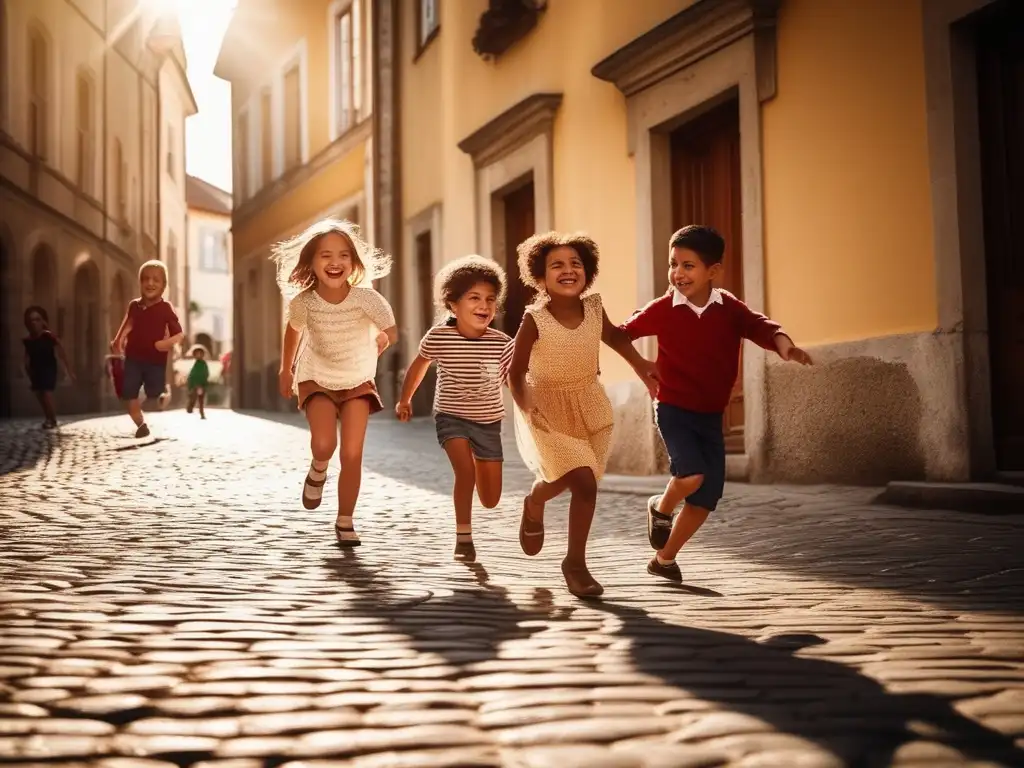 Un grupo de niños juega y ríe en la calle, disfrutando de juegos tradicionales como la rayuela, la comba y las canicas. <b>La luz del sol ilumina las antiguas construcciones, creando largas sombras en el suelo.</b> La atmósfera vintage y la arquitectura antigua
