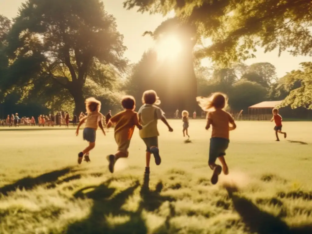 Un grupo de niños juega en un campo soleado, rodeado de árboles altos. <b>La imagen tiene un cálido filtro vintage, evocando la alegría de los juegos infantiles al aire libre.</b> La transformación del juego infantil en la era de las pantallas se refleja en la nostalgia de la escena.
