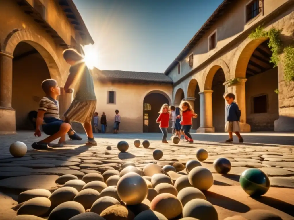 Un grupo de niños juega canicas en un antiguo patio europeo, en una escena nostálgica llena de diversión y camaradería.