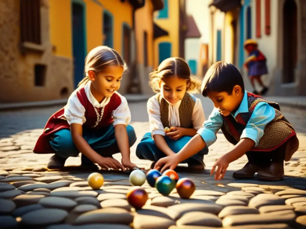 'Grupo de niños juega canicas en calle adoquinada, vistiendo trajes tradicionales de América. <b>La luz del sol crea atmósfera nostálgica.</b> <b>Valor histórico de las canicas.'