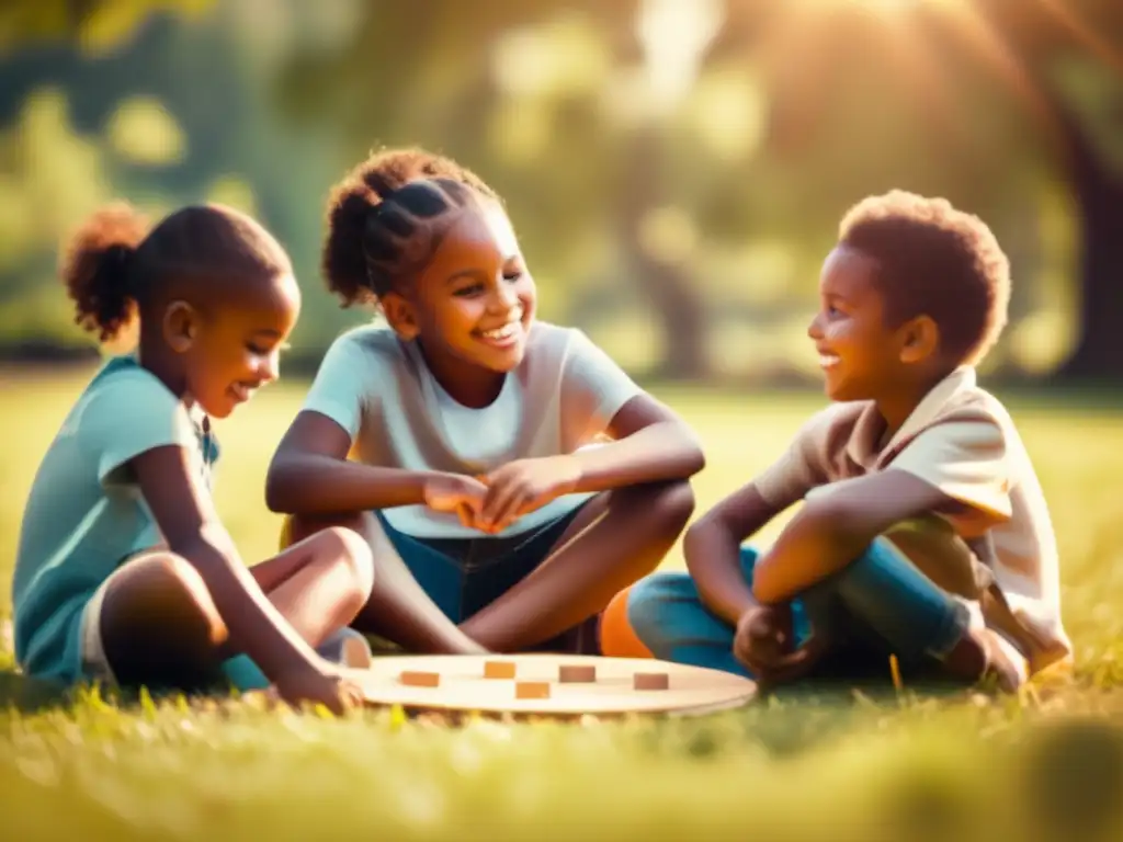 Un grupo de niños diversos juega en círculo en un campo de hierba, mostrando un fuerte espíritu de equipo y cooperación. <b>El filtro vintage resalta la calidez y la alegría de la actividad.</b> La luz del sol crea una atmósfera serena y nostálgica, evocando conexiones