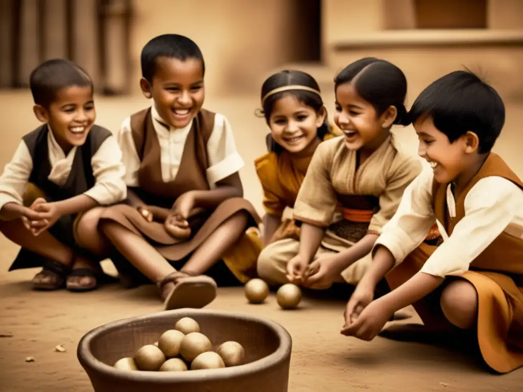 Un grupo de niños de diferentes culturas juegan juntos en una fotografía vintage, resaltando la función educativa de juegos tradicionales.