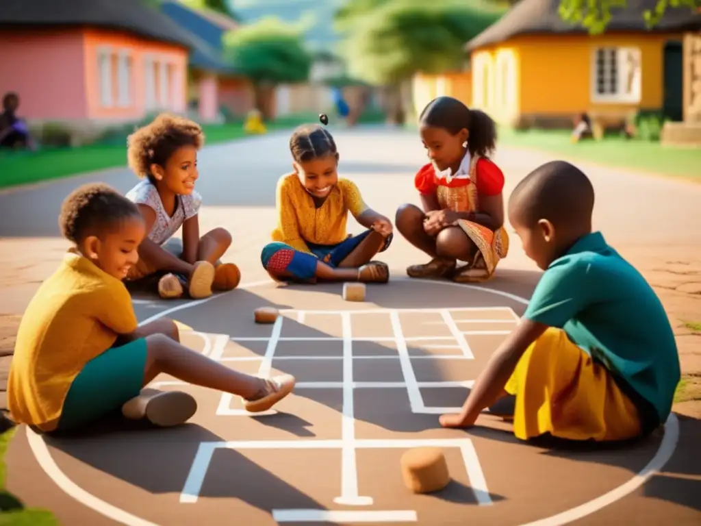 Un grupo de niños de diversas culturas juegan a la rayuela, mostrando la riqueza cultural y la función educativa de juegos tradicionales.