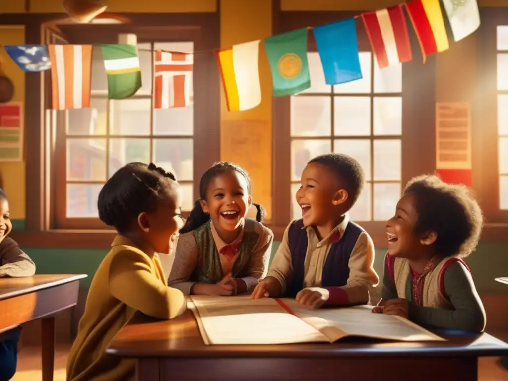 Un grupo de niños diversos riendo y jugando en un aula vintage, en un ambiente multicultural con impacto cultural de los juegos.