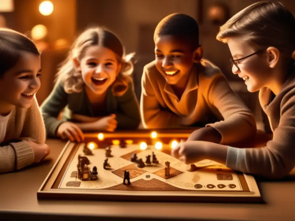 Un grupo de niños de diferentes edades y orígenes juega un antiguo juego de mesa, mostrando emoción y cooperación. El impacto cultural de juegos cooperativos se refleja en la imagen.