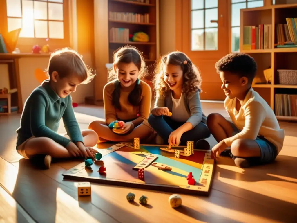 Un grupo de niños juega emocionado un juego de mesa vintage. <b>La luz solar crea un ambiente cálido y nostálgico.</b> <b>Juegos de memoria para niños.