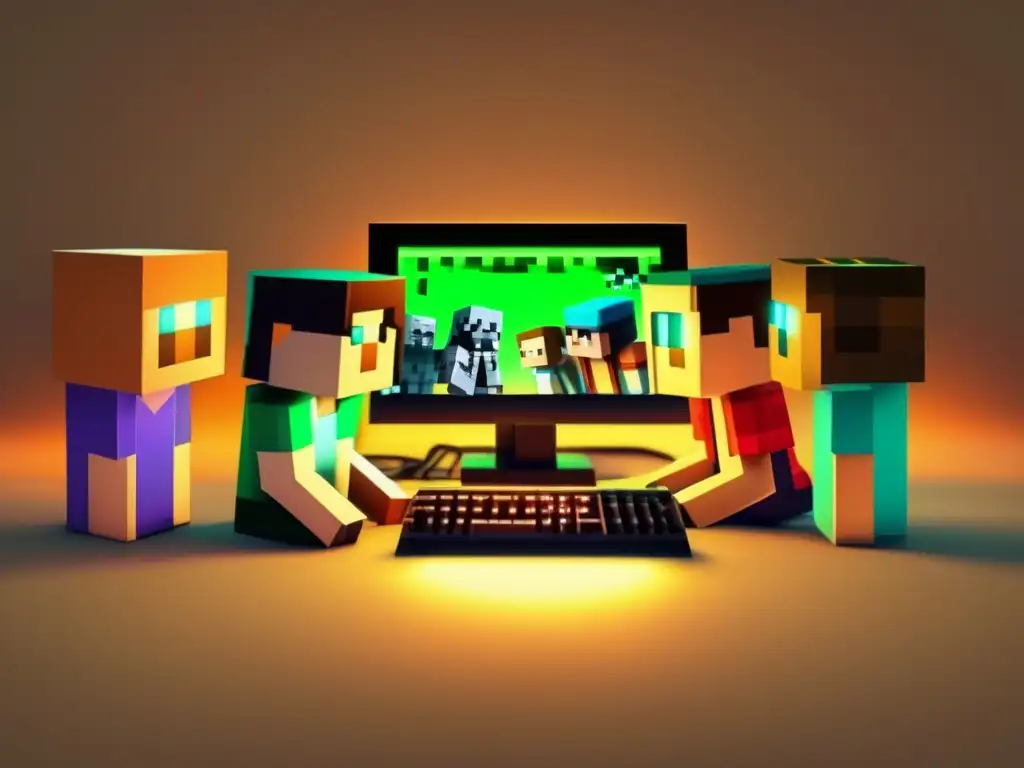 Un grupo de niños fascinados juega Minecraft en un monitor vintage, evocando el impacto cultural de los juegos digitales.