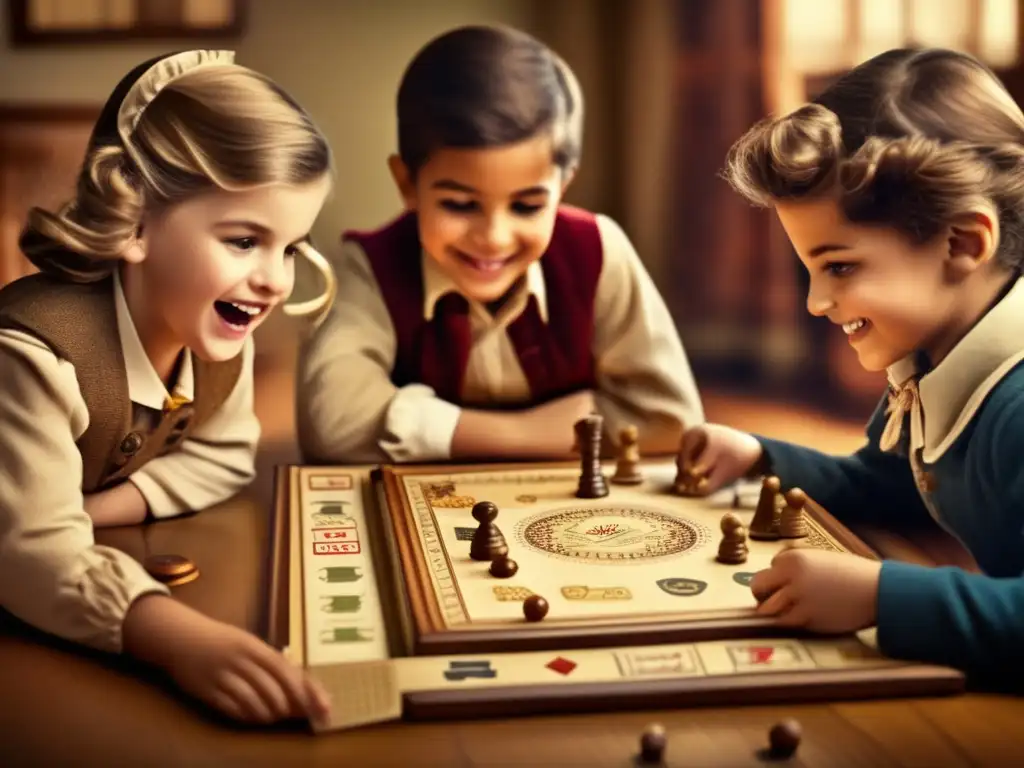 Un grupo de niños juega un juego de mesa educativo con temática histórica, evocando nostalgia y enriquecimiento educativo.