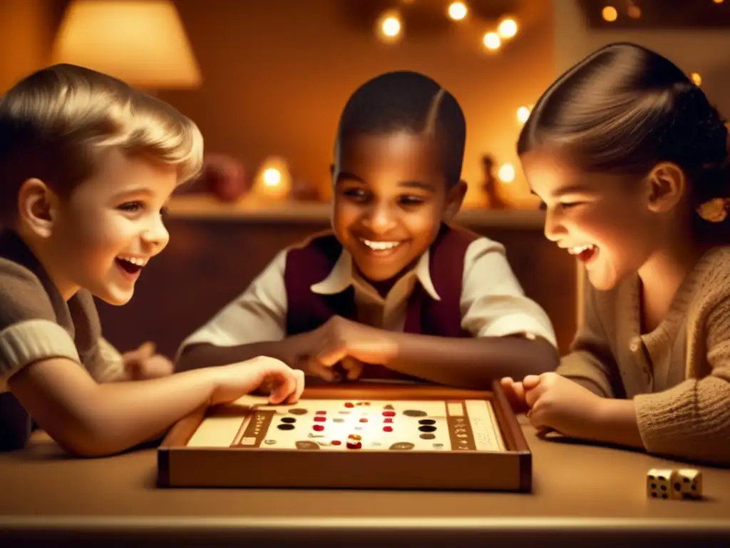 Un grupo de niños juega un juego de mesa, sus rostros iluminados de emoción. <b>La caja del juego desgastada y las piezas esparcidas crean una atmósfera cálida y nostálgica.</b> <b>Influencia de los juegos en el desarrollo lingüístico.