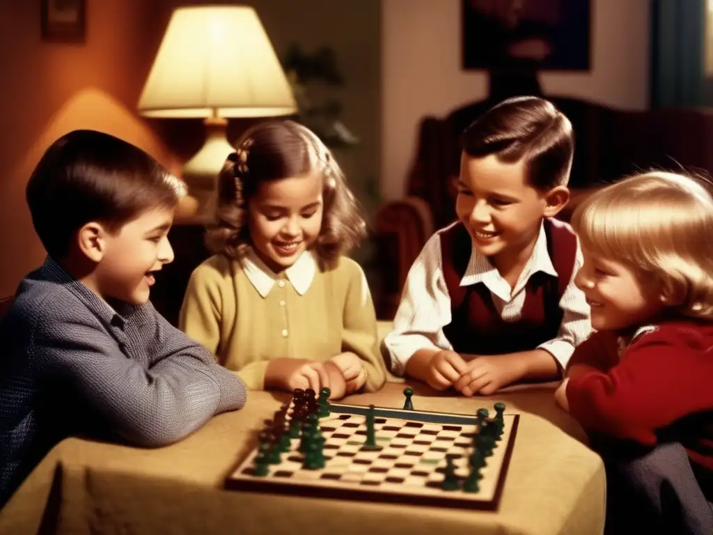 Un grupo de niños disfruta de un juego de mesa en una acogedora sala vintage, mostrando la influencia de los juegos en el desarrollo lingüístico.